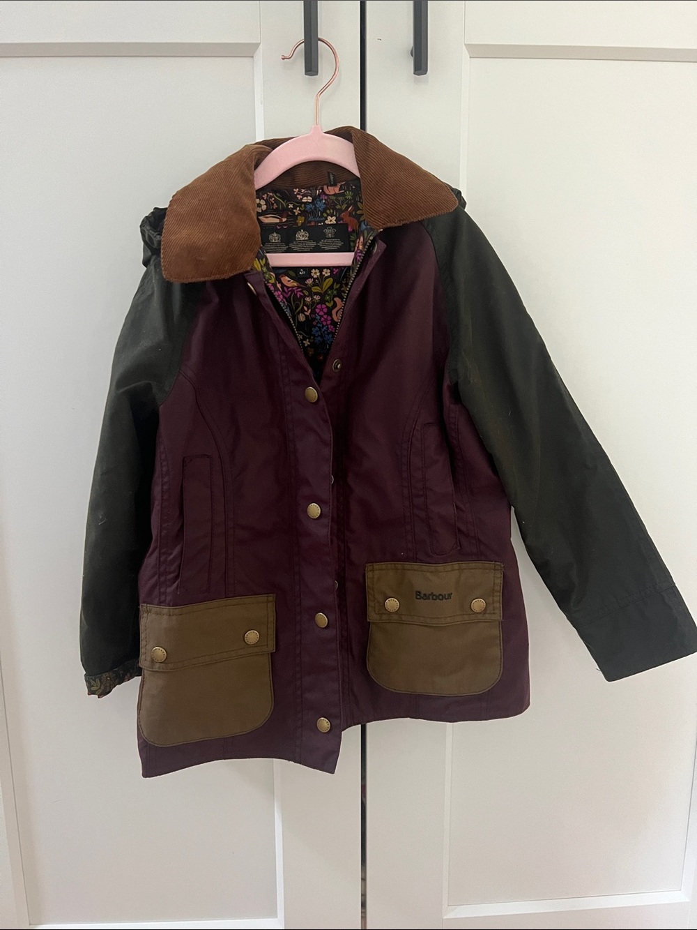 Barbour Girls' Raincoat in Plum with Olive and Brown Accents